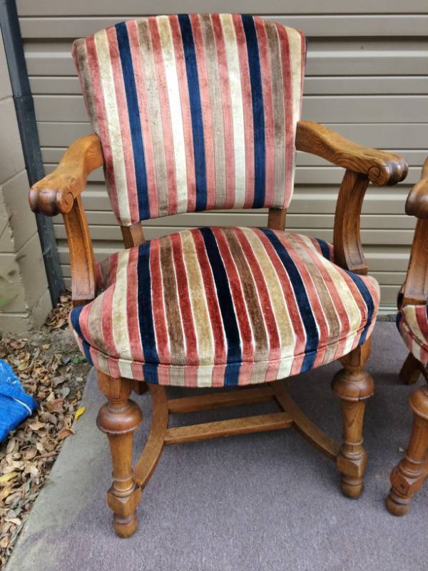 lot 5 image: Handcrafted Antique 1800s Farmhouse Wood Upholstered His & Hers Parlor Chairs - Excellent Sturdy Condition