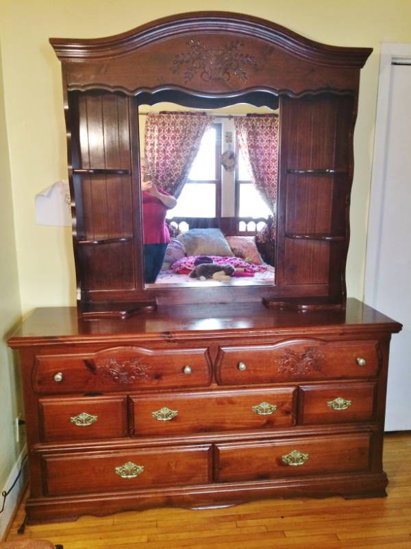 lot 11 image: Wow Brazilian Dark Oak Tauari&nbspHand Carved Wood 2 Piece Dresser With Curio Top Mirror.  Very Decorative Brass Pulls  Excellent Condition  