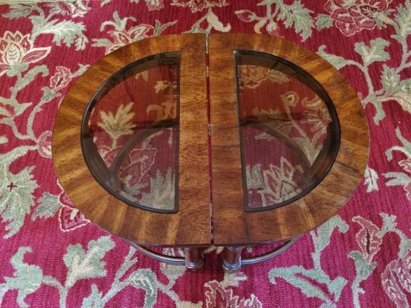 lot 7 image: Vintage Pair Ethan Allen Wood & Glass 12 Moon End Tables - Very Good Condition - No Scratches To Glass
