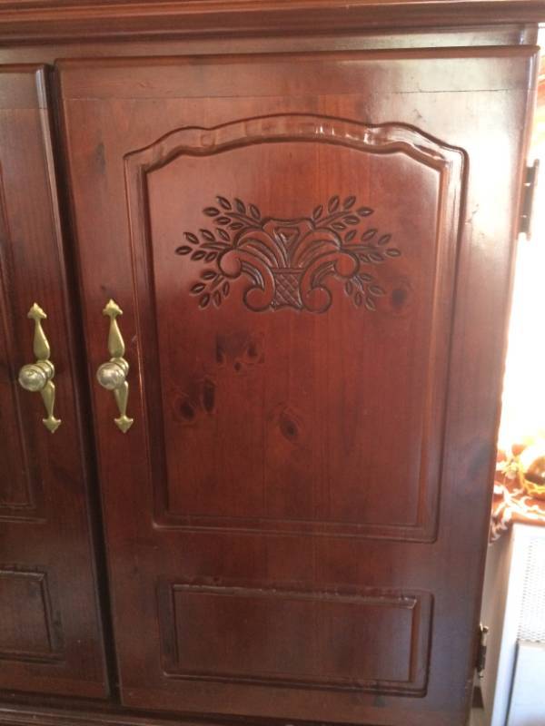 lot 12 image: Wow Brazilian Dark Oak Tauari&nbspHand Carved Wood Wardrobe Armoire Cabinet.  Very Decorative Brass Pulls  Excellent Condition 