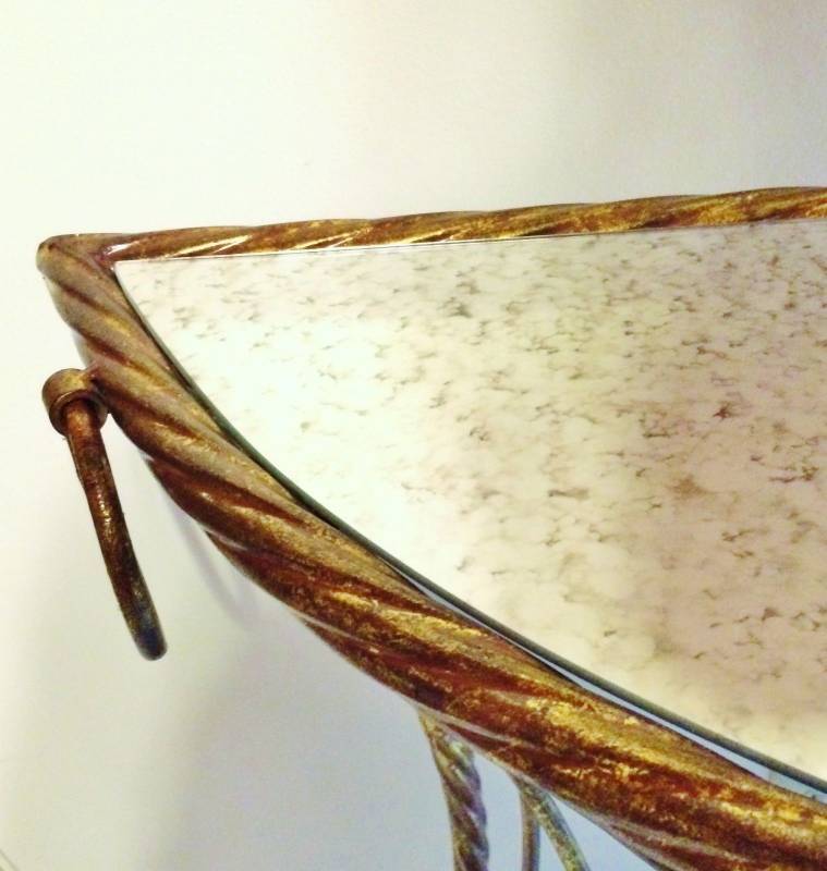 lot 3 image: High Quality Designer Italian Burnish Gold Loops Demilune Console Table With Rings Accents & Antique Mercury Mirror Top - Like New Condition