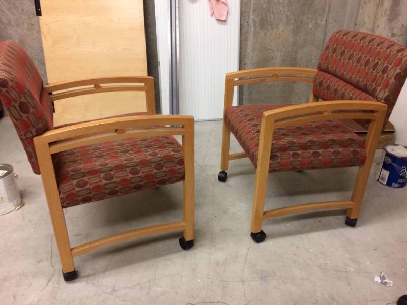 Pair High Quality OFS Wood &amp Fabric Small Conference Table Or Guest Office Mobile Rolling Chairs - Like New Condition