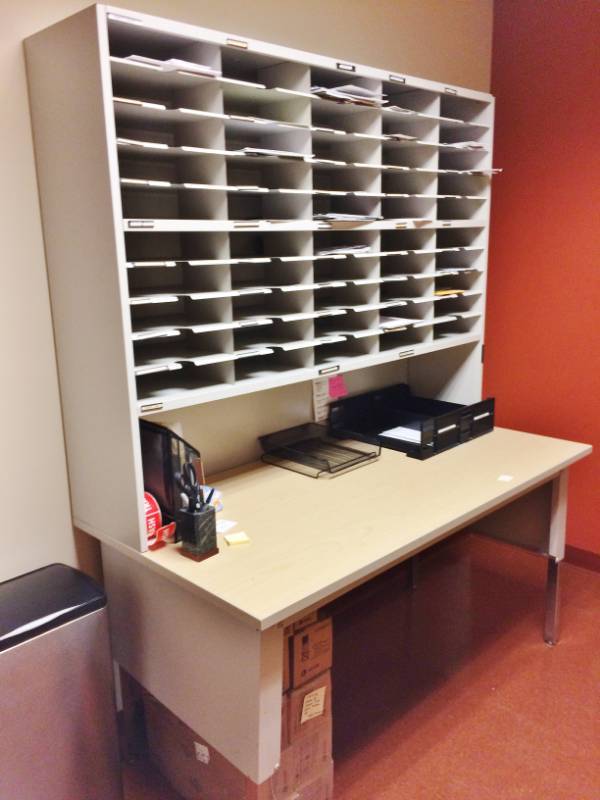 WOW MSRP $$3500 Mail flow Multi Shelves Mail Sorting EZ Sort Organizing Closed Back System&nbspWith Work Table Workstation - Great Condition Sorter can be detached from Table if preferred