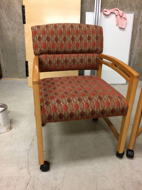 Pair High Quality OFS Wood &amp Fabric Small Conference Table Or Guest Office Mobile Rolling Chairs - Like New Condition