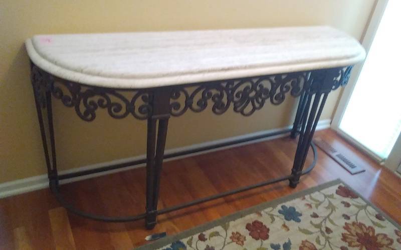 lot 5 image: Stone Top Console Table With Ornate Metal Scroll Work Base 58x17x28