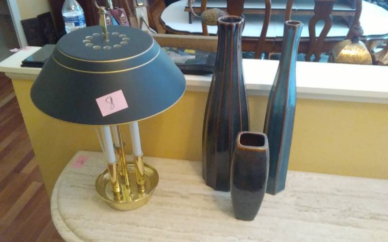 lot 8 image: Brass Lamp With Metal Shade (22 Inches), 3-Pottery Vases
