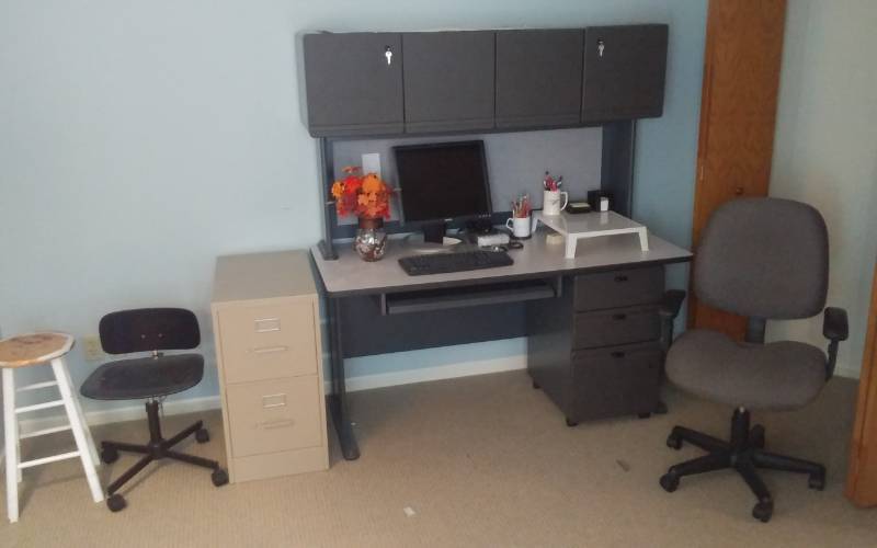lot 17 image: Hutch Top Office Desk 60x26x30, 2-Drawer File, 2-Chairs