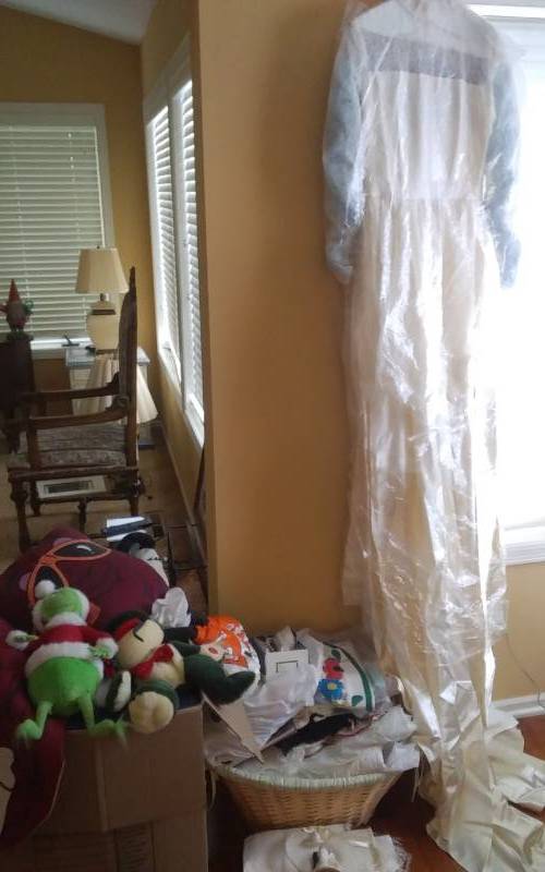 lot 22 image: Vintage Wedding Gown With Accessories, Vintage Baby Clothing, Box Of Toys & Household Misc