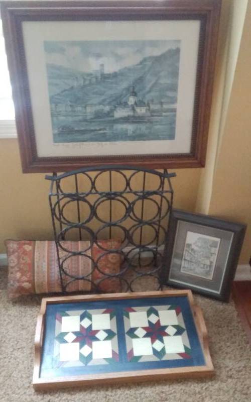 lot 33 image: Ornamental Iron Wine Rack, Serving Tray, Framed Art (Castle On The Rhein)