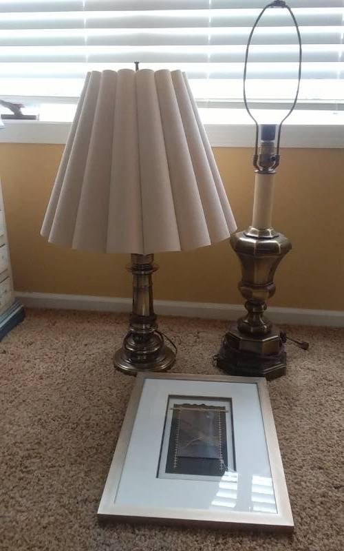 lot 34 image: 2-Brass Lamps With Shades, 1-Framed Original Art