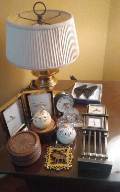 lot 42 image: Small Brass Lamp, Assorted Clocks, Coasters, Misc