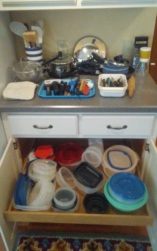 lot 47 image: Contents Of Cupboard Plastic Food Storage, Pots & Pans, Utensils, More