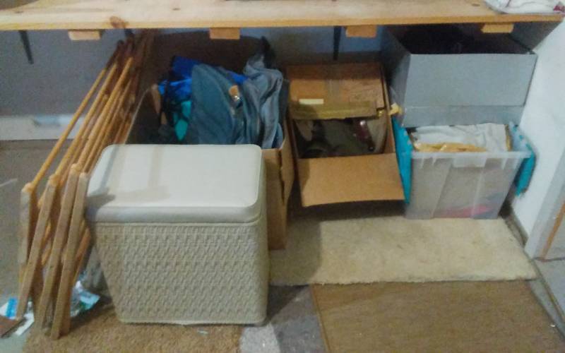 lot 59 image: Tote & Boxes Of Clothing, Clothes Drying Rack, Hamper, Travel Bags