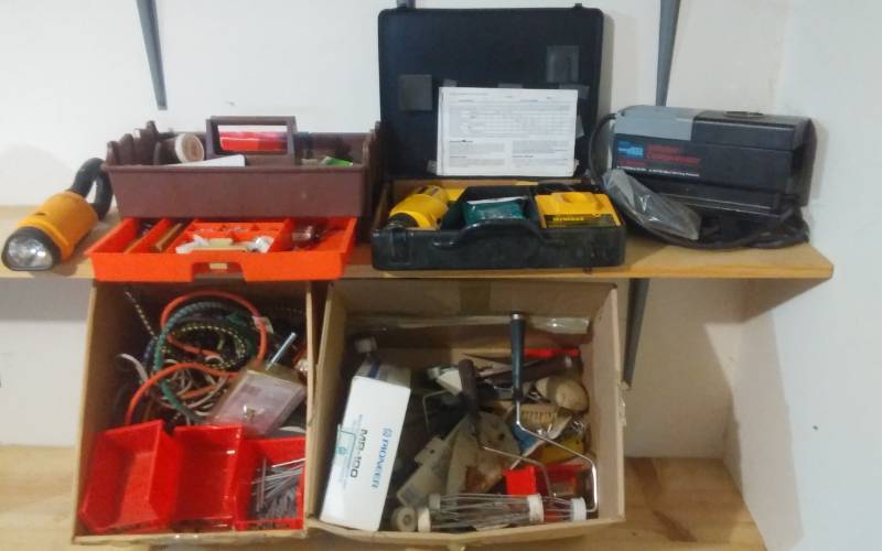 lot 64 image: Painting Related, Tools, Hardware, Dewalt 12-Volt Drill, Mini Air Compressor