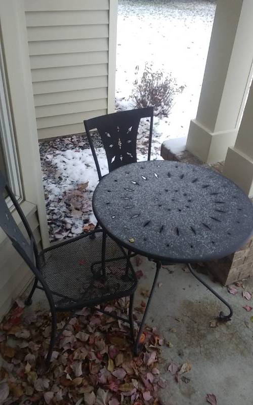 lot 67 image: 3-Metal Patio Chairs, 1-Round Table, 1-Side Table