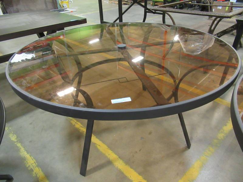 lot 204 image: Hampton Bay Black Steel and Aluminum Frame, Smoke Copper Glass With Umbrella Hole. - Scratched.