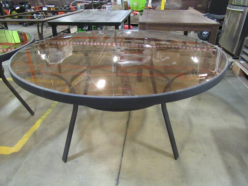 lot 205 image: Hampton Bay Black Steel and Aluminum Frame, Smoke Copper Glass With Umbrella Hole. - Scratched.