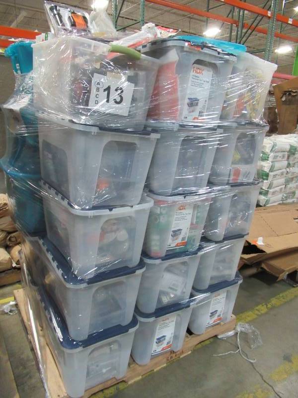 lot 221 image: PLUMBERS PALLET - Almost 30 Twelve Gallon Totes Loaded with Fittings, Fixtures, Supplies, Filters, Hardware and More (See Photos).