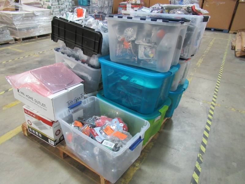 lot 283 image: PLUMBERS PALLET - 12 Twelve Gallon Totes Loaded with Fittings, Fixtures, Supplies, Shower Heads, Hardware and More