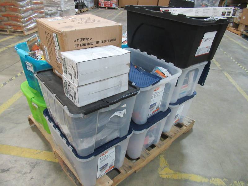 lot 284 image: PALLET OF ELECTRICAL RELATED ITEMS - 11 Twelve Gallon Totes Loaded with Switch Plates, Appliance Wiring, Solar Path Lighting,  Outlets, Supplies, Hardware and More (See Photos). Many NEW items.