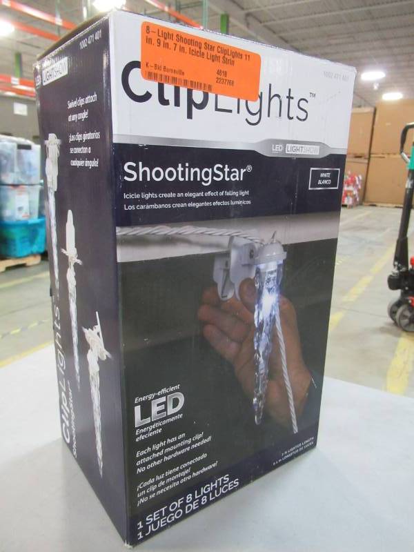 lot 59 image: Lightshow 8-Light Shooting Star ClipLights 11 in. 9 in. 7 in. Icicle Light String, Model 110781