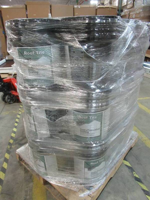 lot 111 image: Pallet of 27 containers of Roof Tite 4.75-Gallon Waterproofer Roof Sealant 6193-9-30