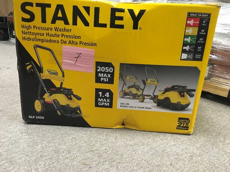 lot 7 image: Stanley SLP 2050 PSI 2-In-1 Electric Pressure Washer For Cart or Portable Use with Spray Gun, Wand, 25 Foot High Pressure Hose, 35 Foot Power Cord, in good working condition