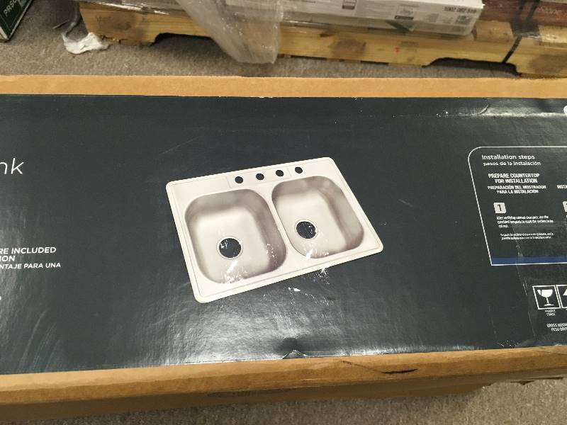 lot 15 image: Glacier Bay Drop-in Stainless Steel 33 in. 4-Hole Double Bowl Kitchen Sink not used