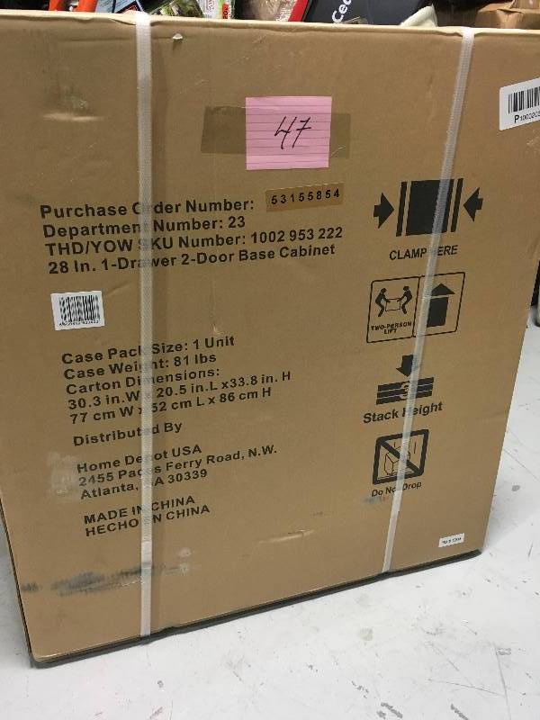 lot 47 image: Husky 33 in. H x 28 in. W x 18 in. D 1-Drawer 2-Door Steel Garage Base Cabinet not used