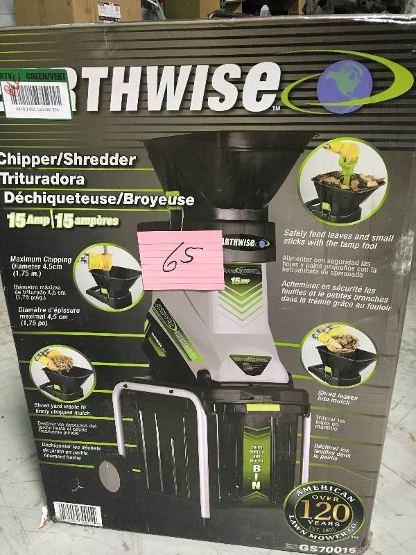lot 65 image: Earthwise 15 Amp Electric Garden Chipper & Shredder  in good working condition