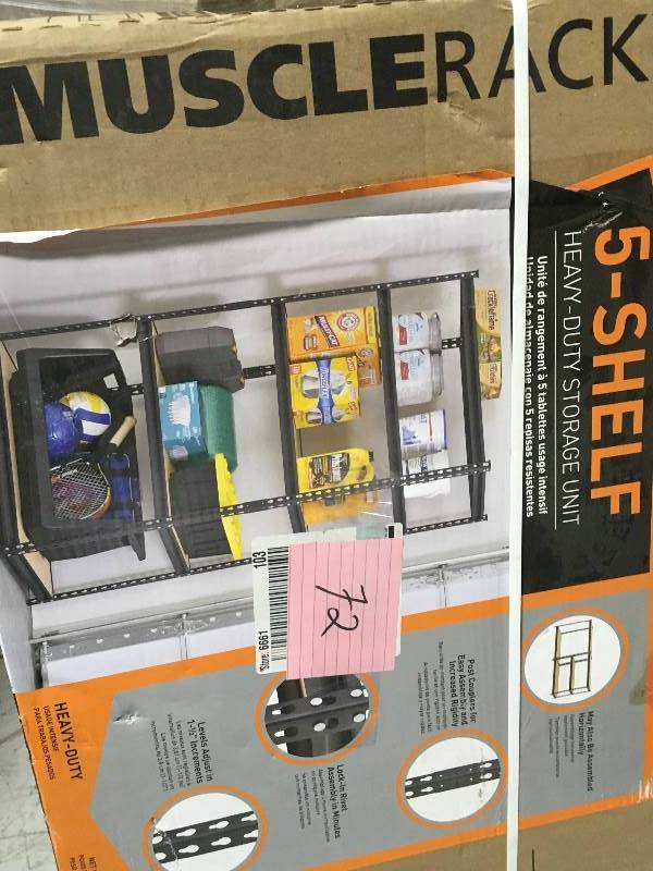 lot 72 image: Muscle Rack 72 in. H x 36 in. W x 18 in. D 5-Shelf Steel Particle Board Shelves Commercial Shelving Unit in Black not used