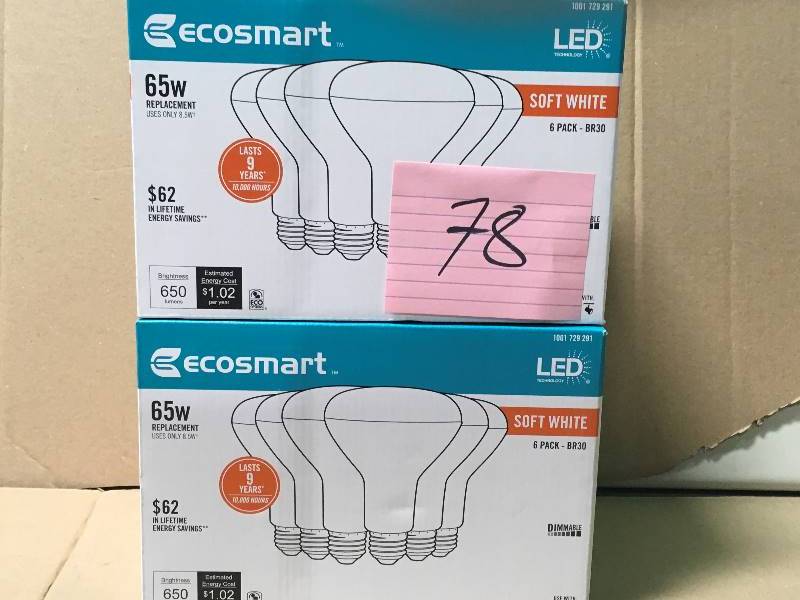 lot 78 image: Ecosmart 65w Soft White Br30 Dimmable LED Light Bulb 6-pack LOT OF 2 new