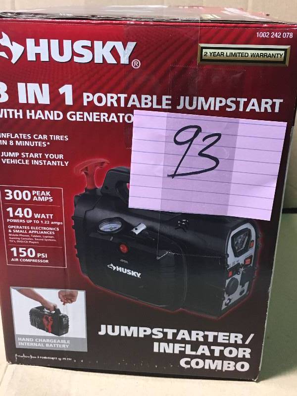 lot 93 image: Husky 7481 8-in-1 12-Volt Jumpstarter & Tire Inflator not used