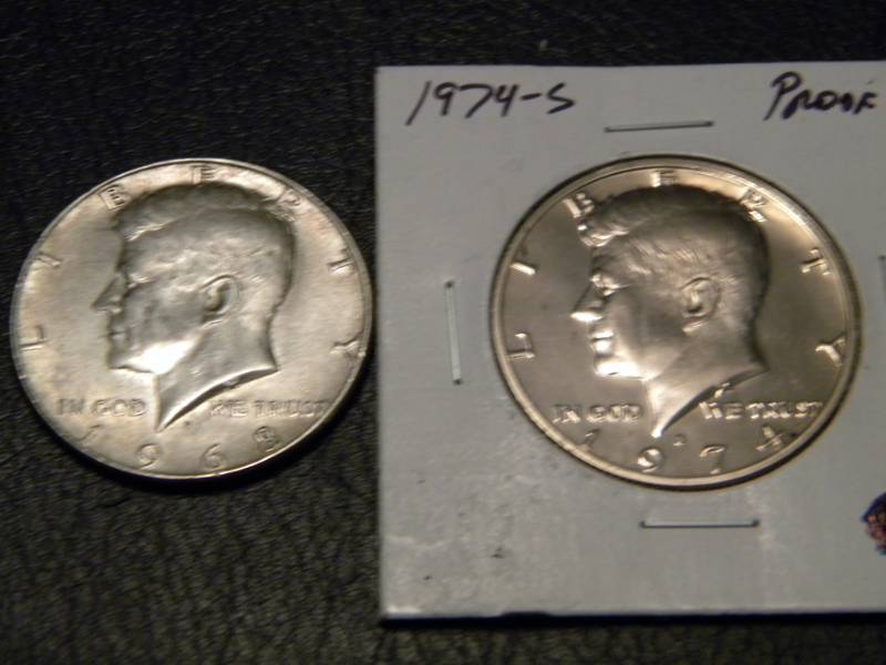 1968 D Kennedy 40% Silver Half Dollar  &  1974 S  Kennedy Half Dollar Proof