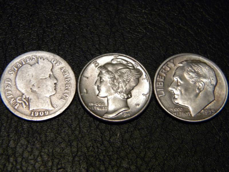 3 Silver Dimes - 1909 Barber, 1941 Mercury & 1955 Roosevelt