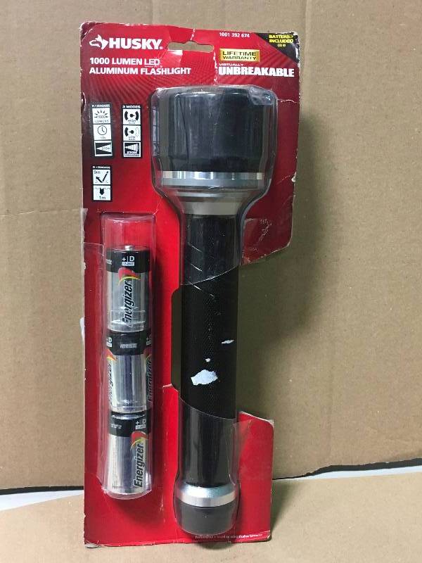 lot 1 image: Husky 1000 Lumen Virtually Unbreakable Aluminum Flashlight New