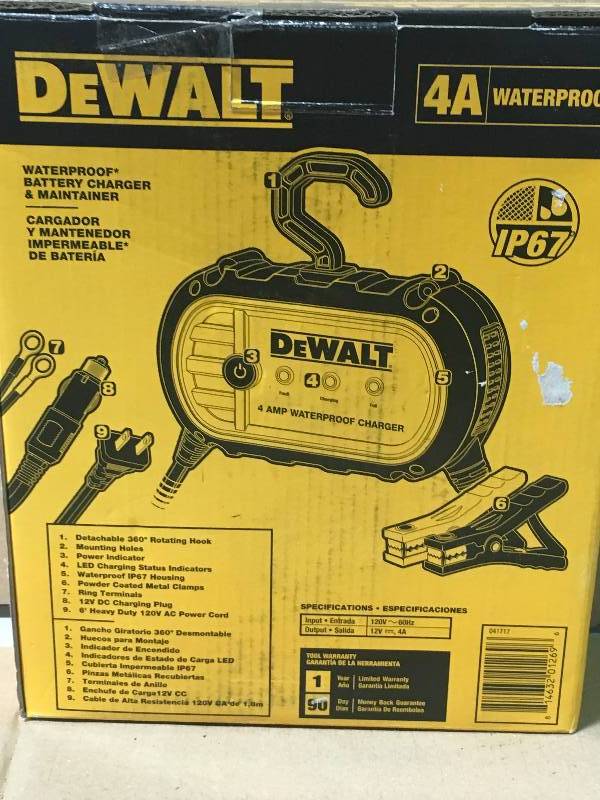 lot 13 image: DEWALT DXAEWPC4 Professional 4 Amp Waterproof Automatic Battery Charger in good working condition