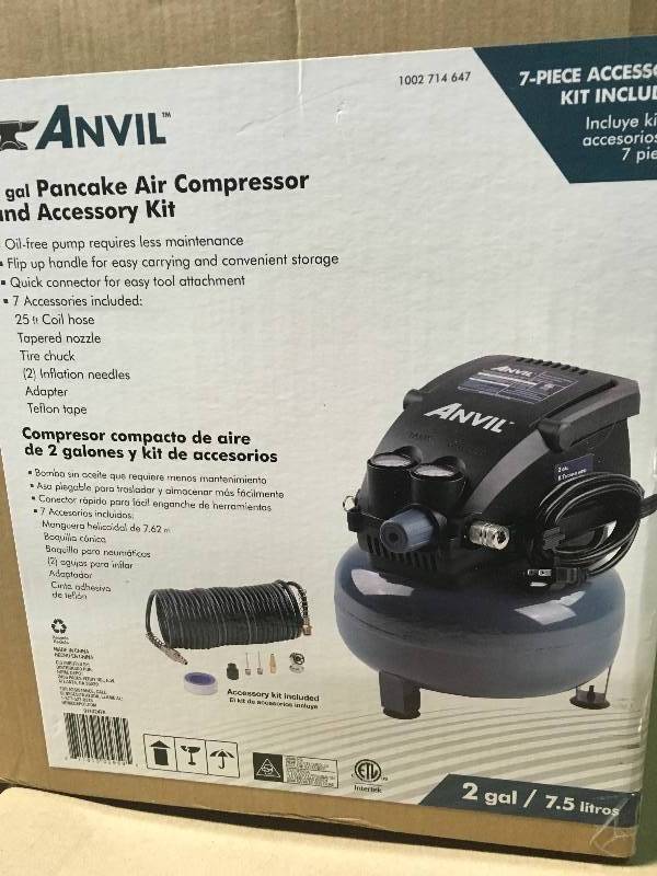 lot 28 image: Anvil 1002714647 2 Gallon Pancake Air Compressor without 6 pcs Accessory Kit not used