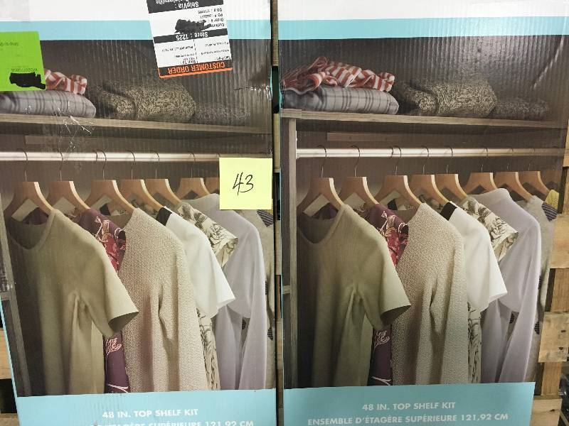 lot 43 image: Closetmaid Style 14 in. D x 48 in. W x .62 in. H Coastal Teak Top Shelf Kit with Hardware LOT OF 2 not used