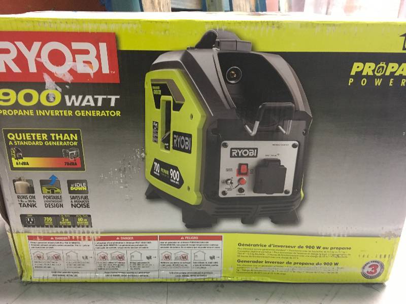 lot 55 image: Ryobi RYi911LP 900-Watt Propane Powered Inverter Generator in like new condition
