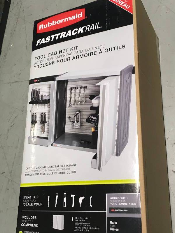 lot 57 image: Rubbermaid 2001933 FastTrack Garage 25 in. H x 9 in. W x 12 in. D Tool Cabinet Kit Rail Storage System not used