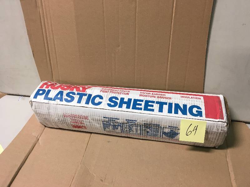 lot 64 image: HUSKY 8 ft. x 100 ft. Black 4 mil Plastic  not used