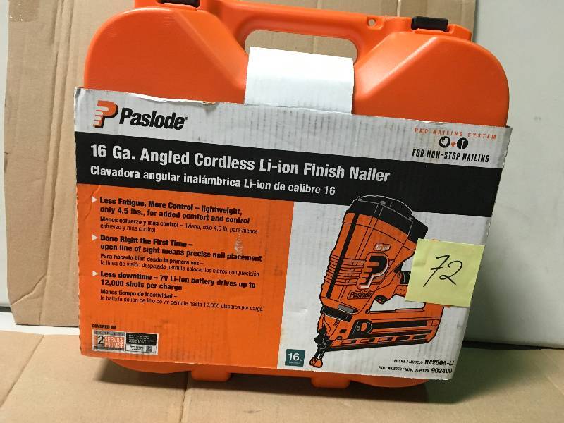 lot 72 image: Paslode Cordless 16-Gauge Angled Lithium-Ion Finish Nailer in like new condition