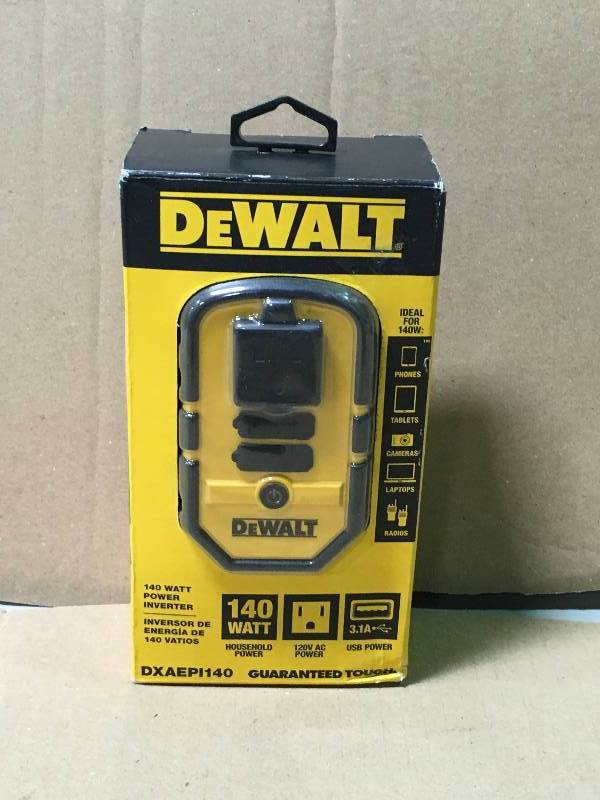 lot 83 image: DEWALT DXAEPI140 140W Power Inverter 12V DC to 120V AC Power Outlet with Dual USB Ports in good working condition