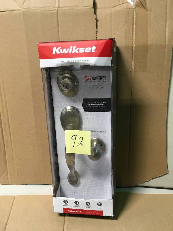 lot 92 image: Kwikset Dakota Satin Nickel Smartkey Single-Cylinder Deadbolt Keyed Entry Door Handleset