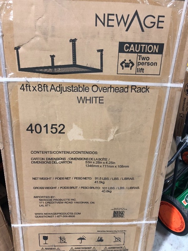 lot 107 image: NewAge Products Performance 96 in. L x 48 in. W x 42 in. H Adjustable VersaRac Ceiling Storage Rack in White SET OF 2 New