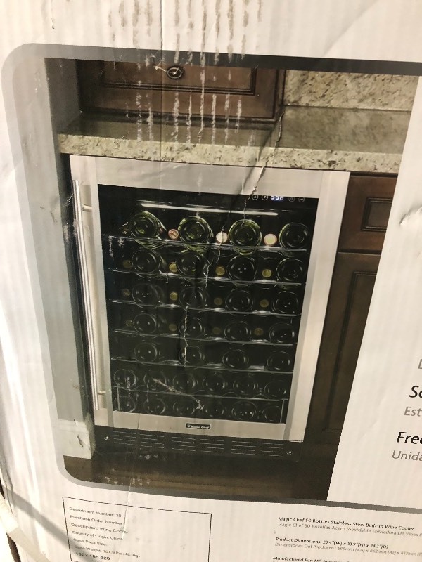 lot 102 image: Magic Chef 23.4 in. W 50-Bottle Wine Cooler in Stainless Steel in good conditions