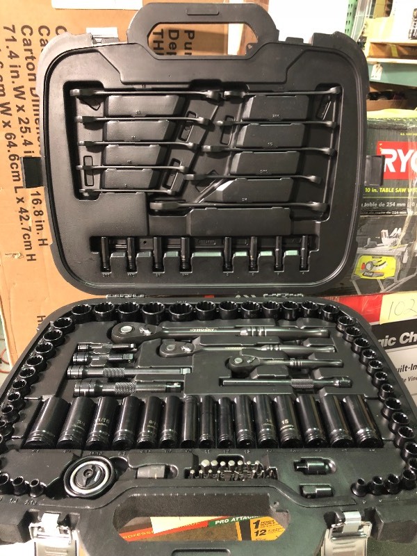 lot 106 image: Husky 14 in., 38 in. and 12 in. Drive 100-Position Universal SAE and Metric Mechanics Tool Set (105-Piece) in good conditions