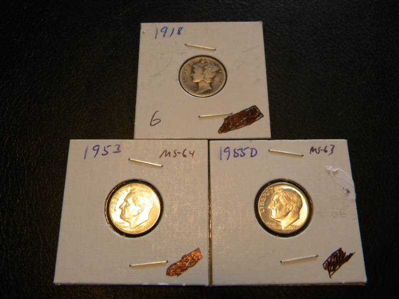 3 Silver Dimes -  1918 Mercury & 1953 and 1955 D  Roosevelt