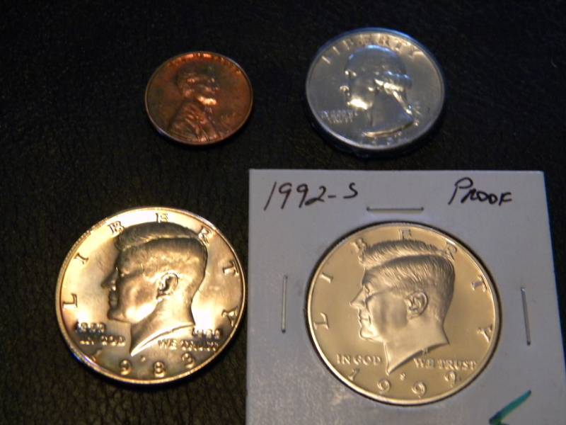 1962 Washington Silver Quarter, 1950 Wheat Back Penny, 1983 P & 1992 S Kennedy Half Dollars